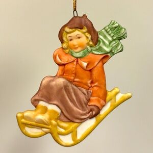2D Flat 1989 Enesco Girl On Sled Christmas Tree Ornament